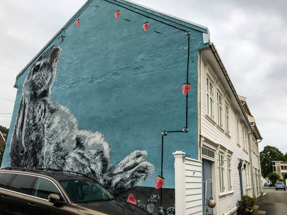 Street Art in Flekkefjord. Über die gesamte Hauswand zieht sich ein Gemälde von einem Hasen, welcher Erdbeeren über eine Seilbahn geliefert bekommt. Tour bis nach Kristiansand