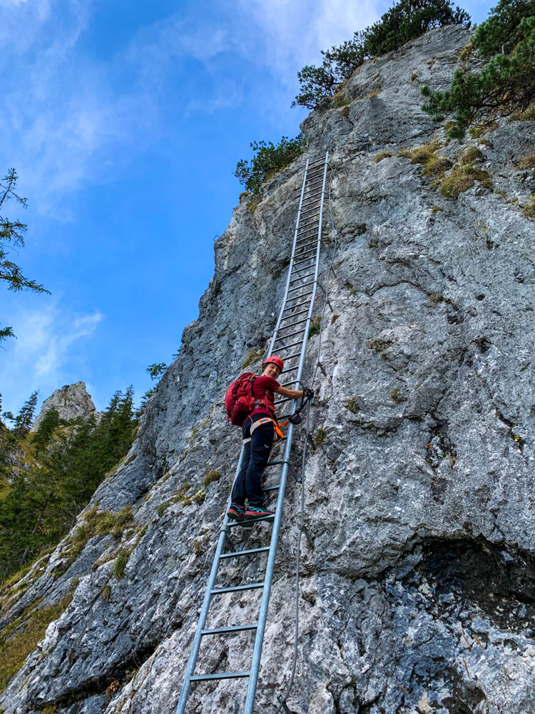 Tour durch die deutschen Alpen - Melanie klettert die lange Eisenleiter am Einstieg des Klettersteig Tegelberg nach oben.