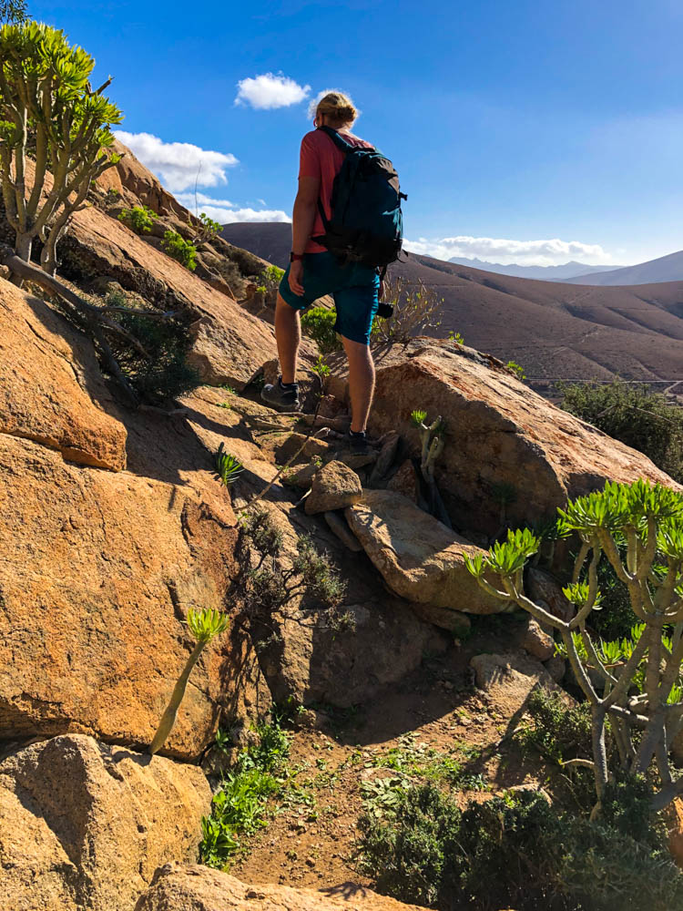 Julian wandert im Barranco de las Penitas durch felsige Landschaft. Es sind ein paar grüne Pflanzen zu sehen sowie der blaue Himmel im Hintergrund.