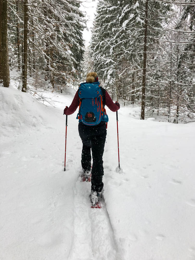 Julian läuft durch den Winter Märchenwald mit seinen Schneeschuhen.