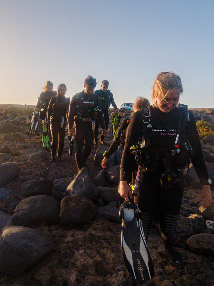 Spaßtauchgang mit den Mitarbeitern von Deep Blue Diving. Es geht von Land aus ins Wasser, man sieht mehrere Taucher, die ihre Flossen und ihr weiteres Tauchequipment tragen.
