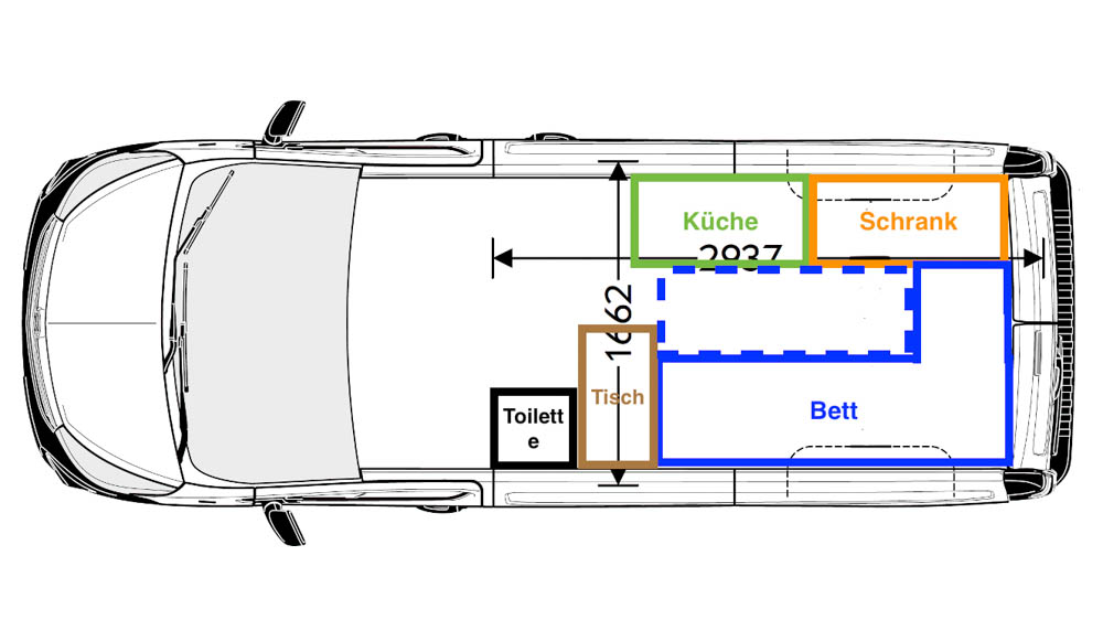 Planung und Layout Zeichnung des Vans in welche die einzelnen Komponenten eingezeichnet wurden- Bett, Küche, Schrank Tisch und Toilette sind eingetragen und geplant.