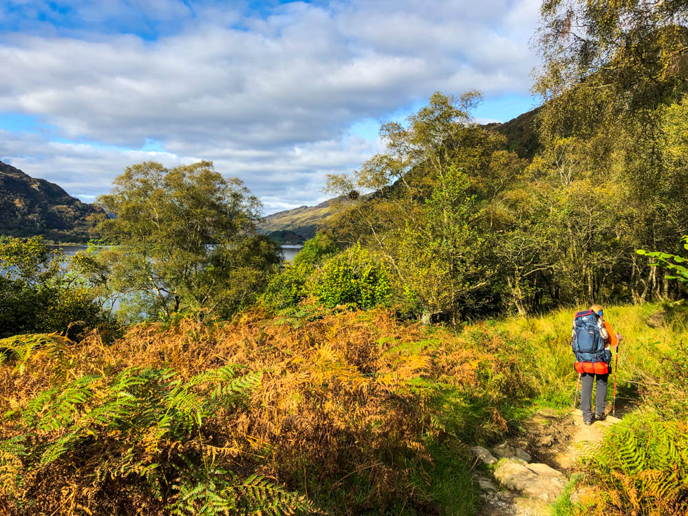 Julian wandert durch schottische Landschaft. Es sind Farn, ein See, Bäume und eine Hügelkette zu sehen.