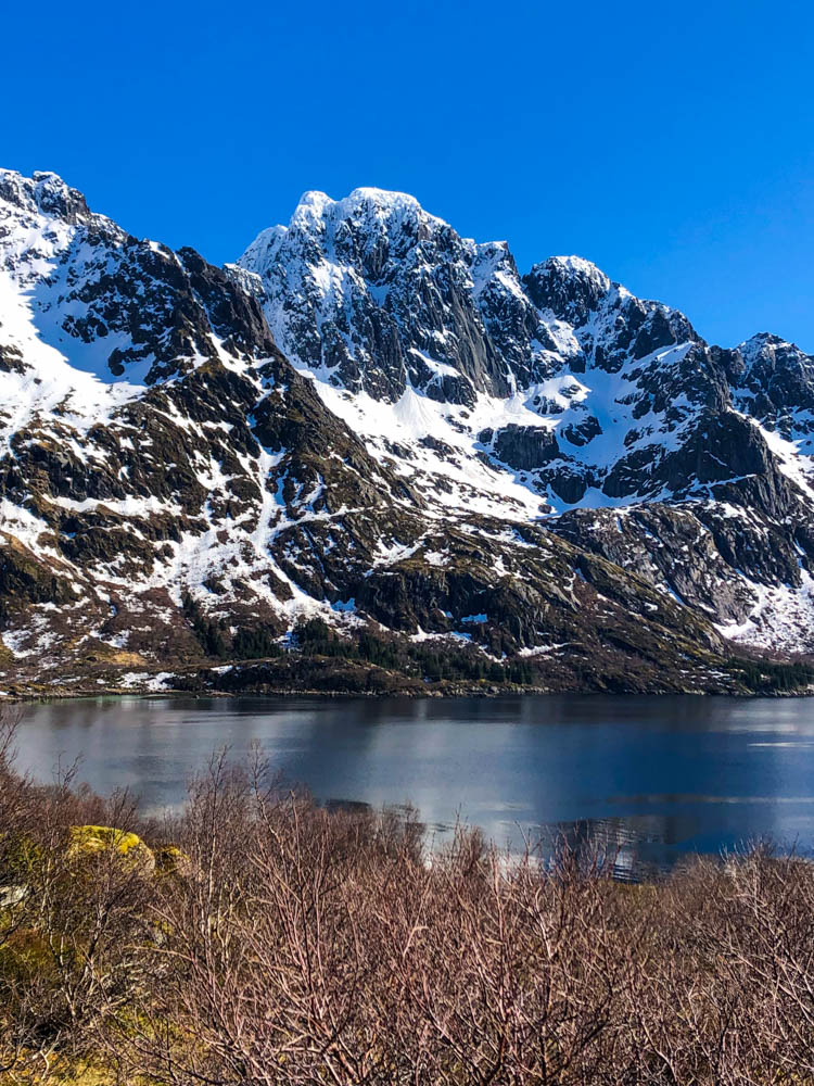 Fotomotiv Lofoten im April. Der Himmel ist kräftig blau, die Berge liegen teilweise noch voller Schnee.