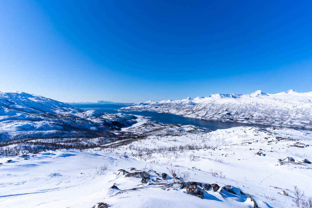 Schneelandschaft Bergpanorama Anfang April Nordnorwegen. Der Himmel ist kräftig blau, im Tal ist ein Fjord zu sehen.