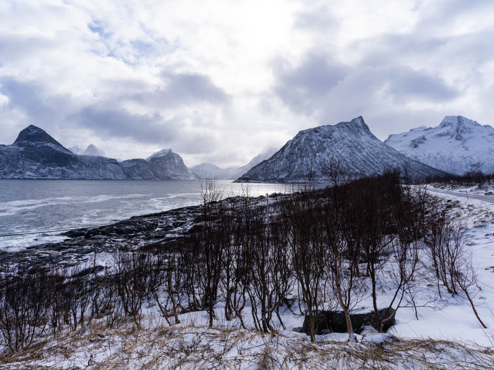 Verschneite Berglandschaft und Atlantik Senja - Tour Norwegen über Senja nach Tromsö