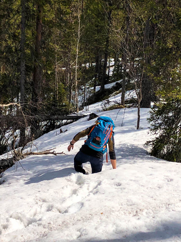 Julian beim Wandern im Muddus Nationalpark Nordschweden im Frühling. Er versinkt im Schnee mitten im Wald.