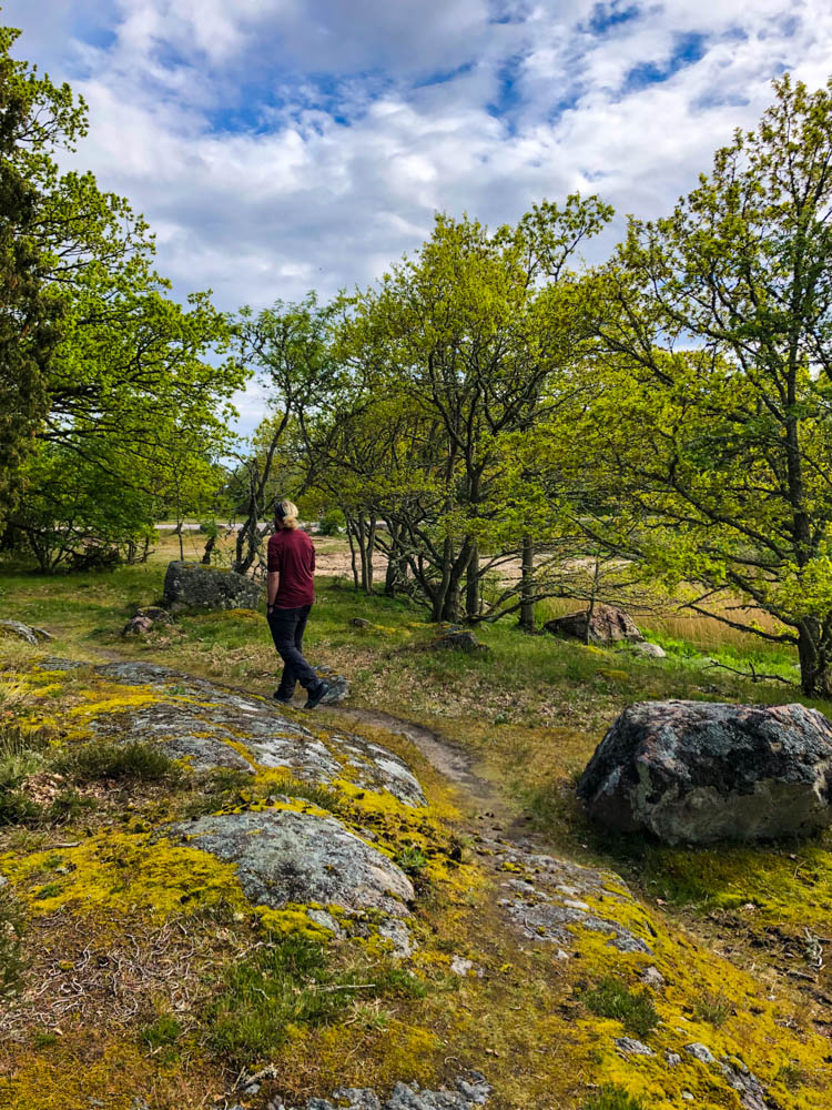 Julian spaziert durch ein Naturreservat in Südschweden. Es sind Bäume zu sehen, sowie orangen-gelbe Flechte auf den Felsen