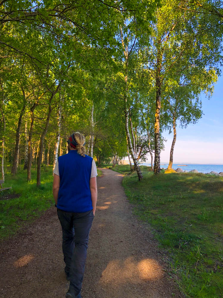 Julian spaziert entlang der Ostsee bei Ystad durch ein Waldabschnitt.