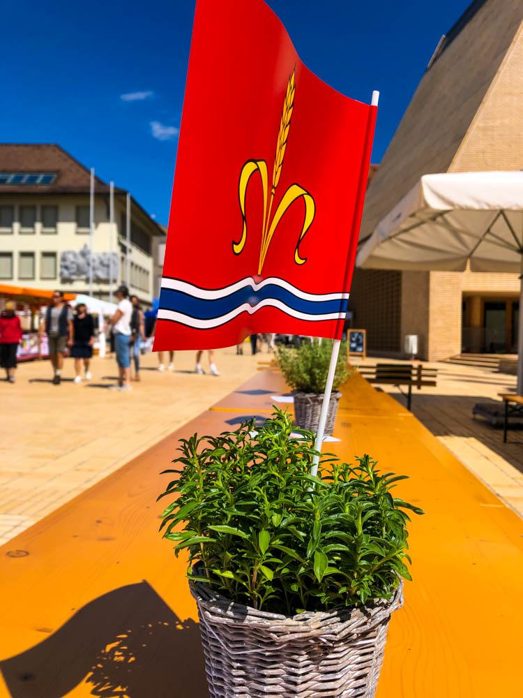 Staatsfeiertag in Liechtenstein. Feier in Vaduz. Es ist eine Liechtensteiner Flagge in einer Pflanze auf einem Tisch zu sehen sowie ein paar Menschen auf der Straße