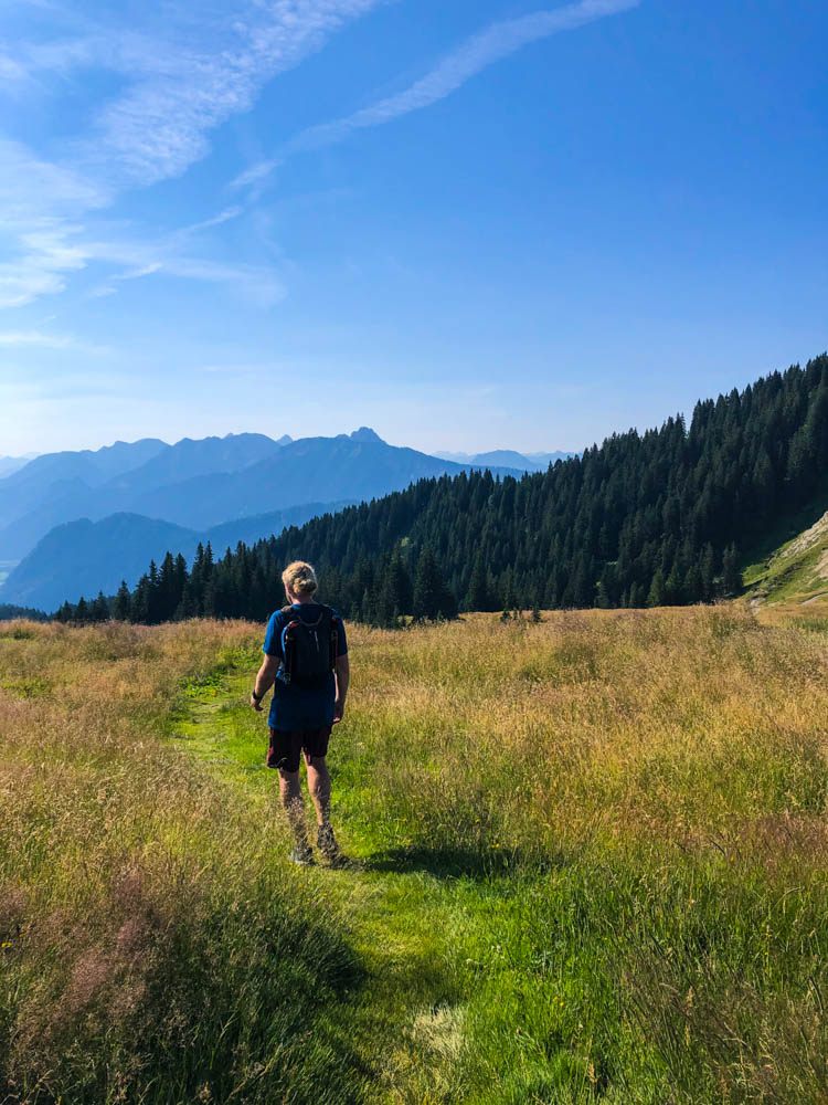 Touren im Allgäu - Alpspitze Nesselwand. Julian wandert über eine Wiese auf dem Weg zum Edelsberg. Am Horizont sind Berge zu sehen.