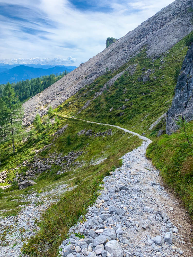 Pfad Wanderweg Berchtesgadener Alpen Hochkönig. Schotter sowie Wiese wechseln sich am Wegesrand ab