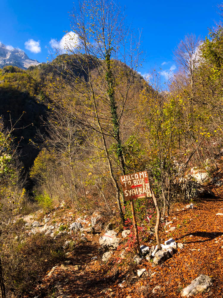Ein Schild mitten im Wald weist auf das Blue Eye bei Theth hin. Herbstliche Farben mitten im albanischen Gebirge.