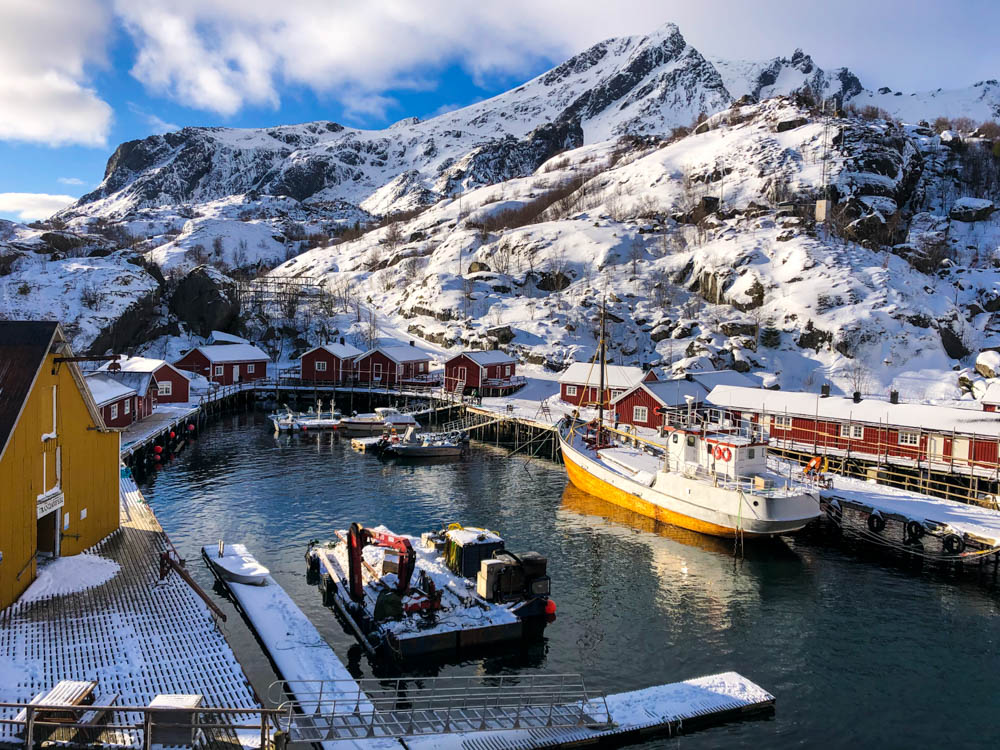 Fischerdorf Nusfjord im Winter. Lofoten, Norwegen