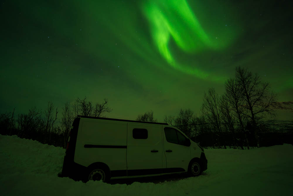 Helle Nordlichter / Aurora Borealis über Van Vivaldi in einem Wald in Norwegen.