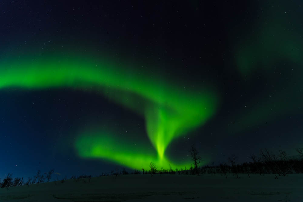 Grüne, tanzende Aurora Borealis über Schneelandschaft. Nordlichter in Norwegen